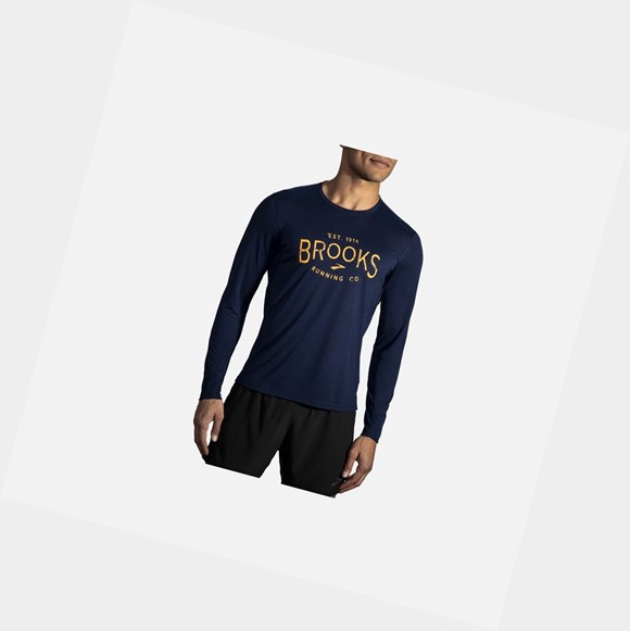 Men's Brooks Distance Graphic Long Sleeve Tops Navy / Heritage | 4018OAMUS