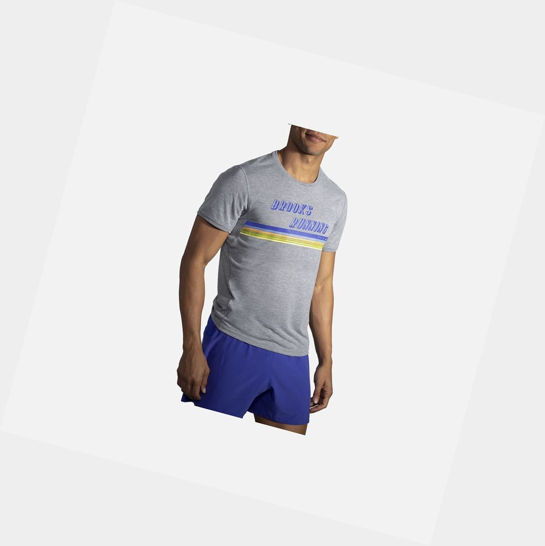 Men's Brooks Distance Graphic Sleeve Tops Heather Ash / Stripe | 6012UGMDY